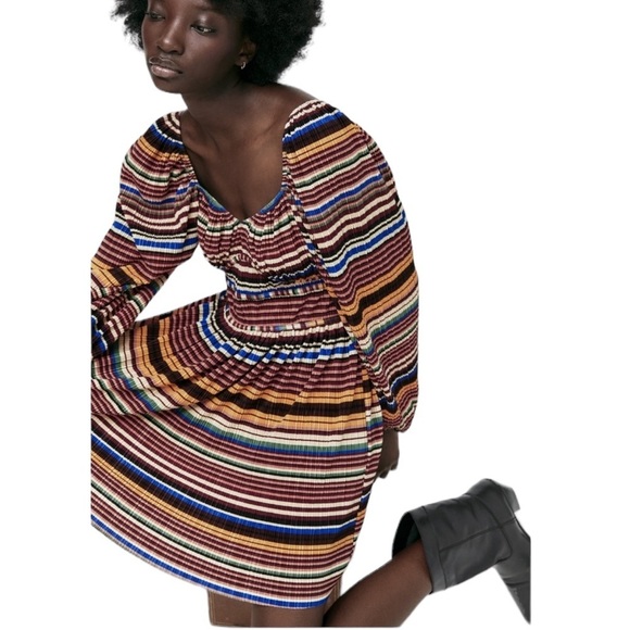 ZARA Multicolor Stripe Pleated Long Balloon Sleeve Dress - Picture 4 of 14